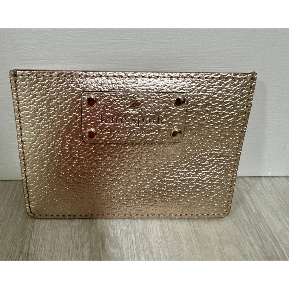 Kate Spade New York Rose Gold Metallic Pebbled Leather Card Holder Wallet